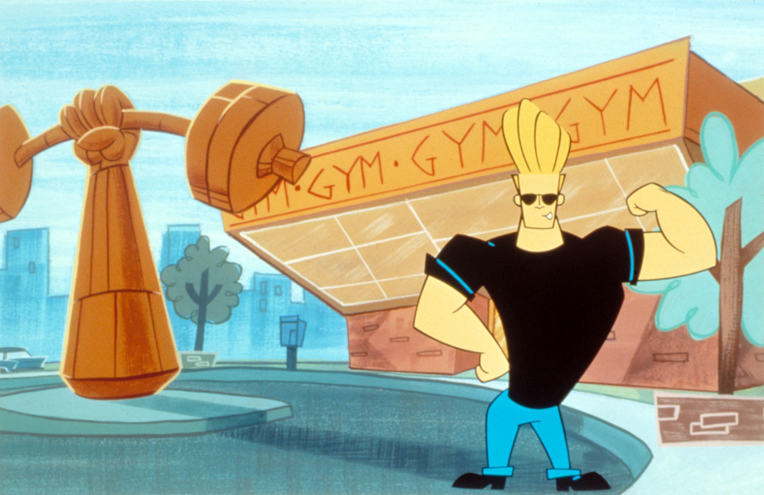 Animated character flexing outside a gym, wearing sunglasses, a black T-shirt, and jeans, next to a giant barbell statue