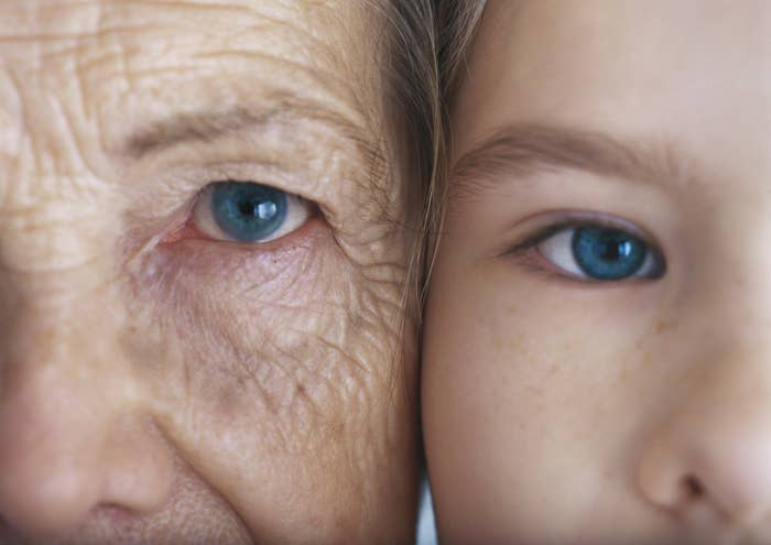 Close-up of an elderly person and a young child, showcasing their eyes side by side, highlighting the contrast of age and youth