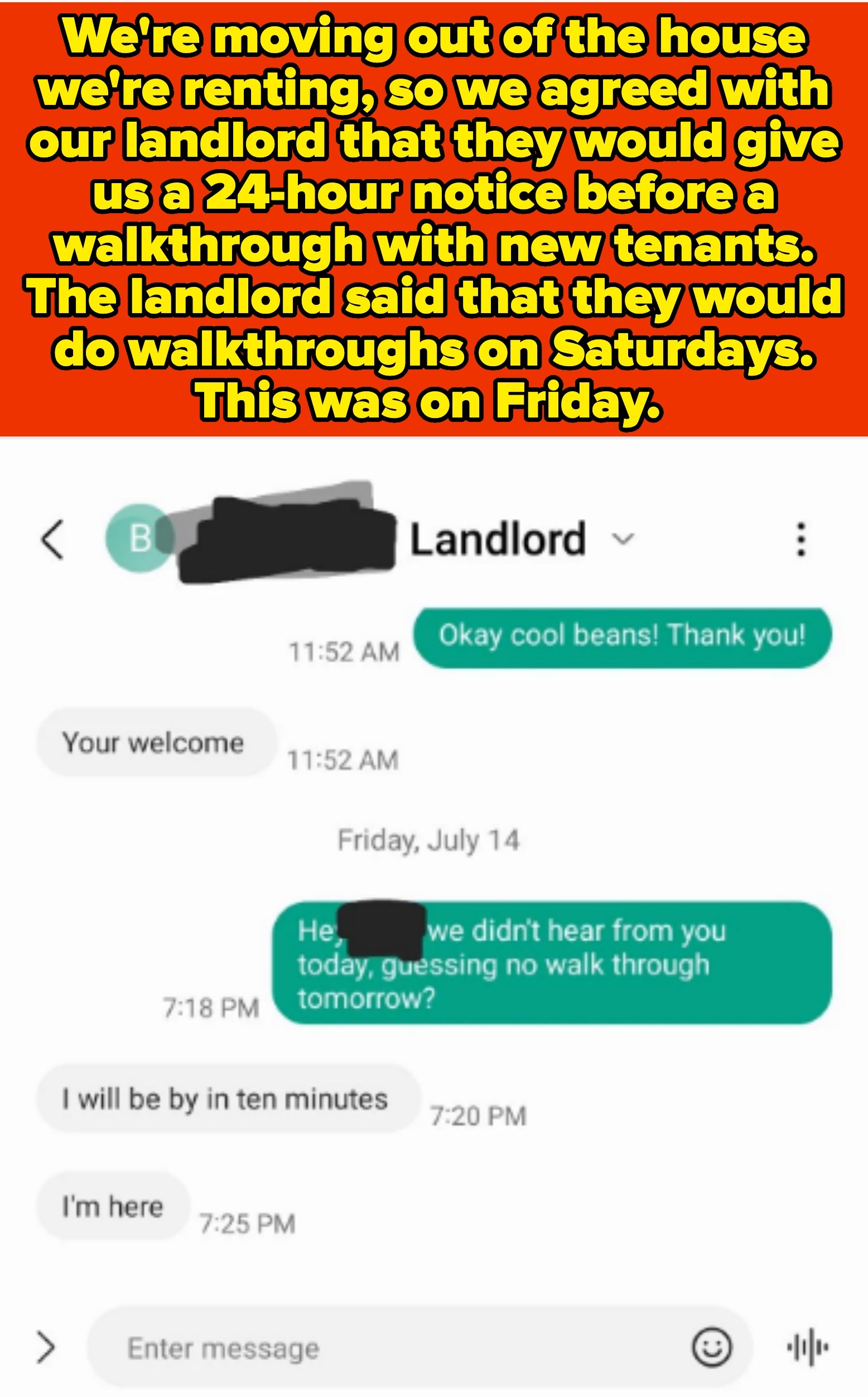 A text exchange shows a tenant asking a landlord about a walkthrough for the next day; the landlord says they'll be there in ten minutes, then texts they're there in five minutes
