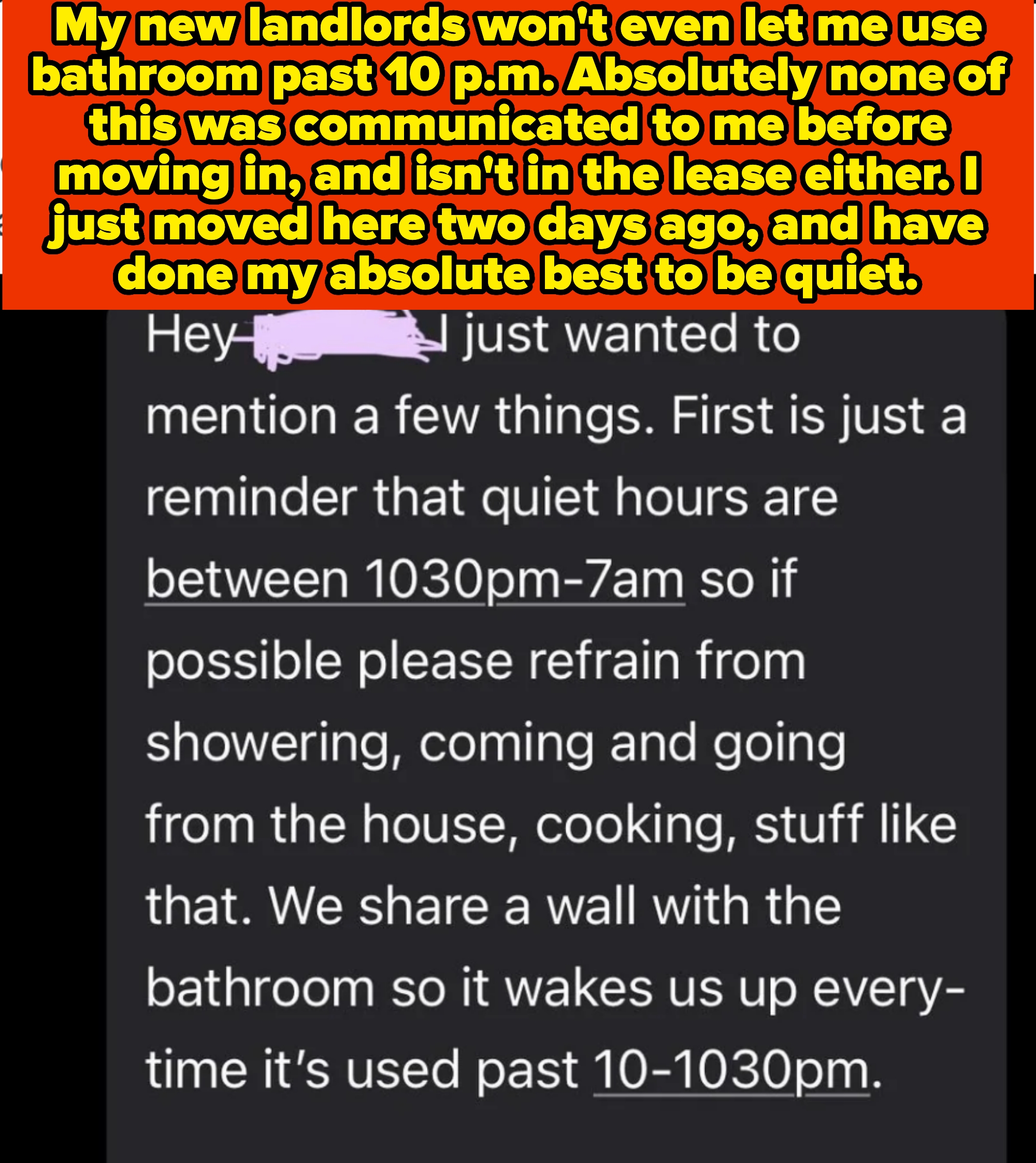 Text message from landlords requesting no noise like showering, cooking, or using the bathroom between 10 PM-7 AM