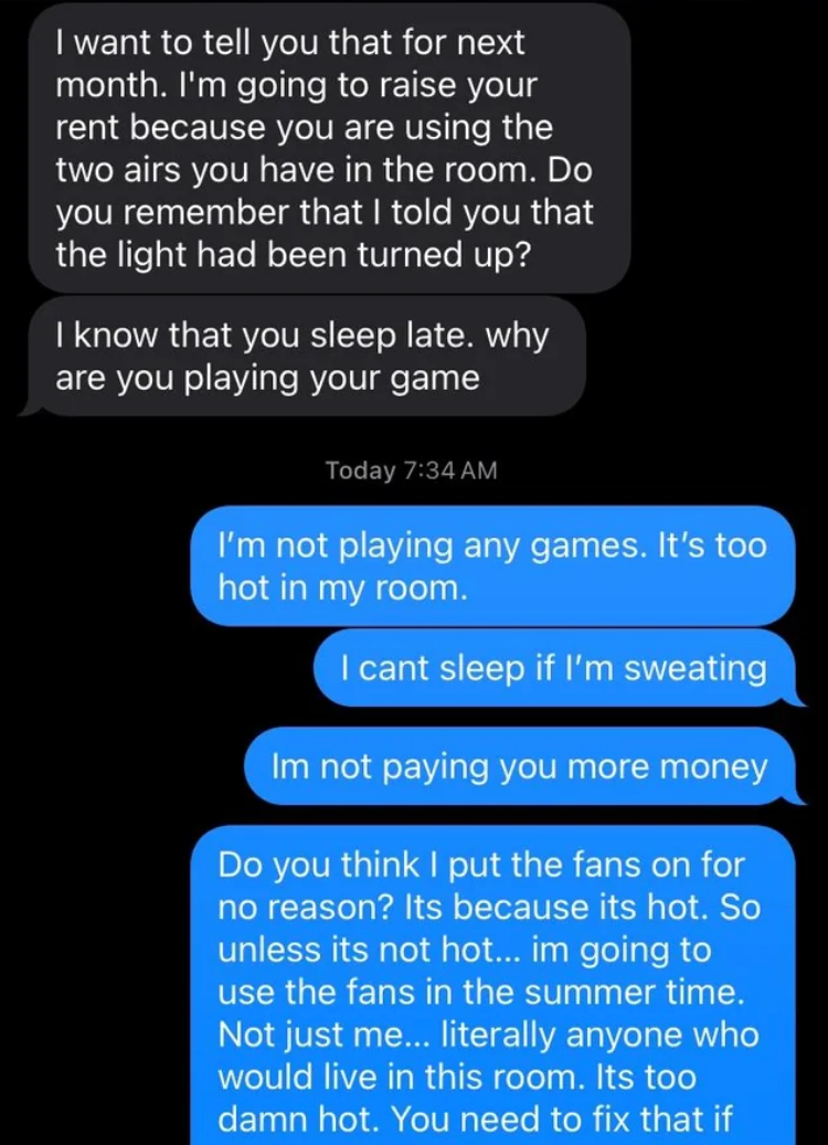 Text exchange about rent increase due to tenant using the fans too much