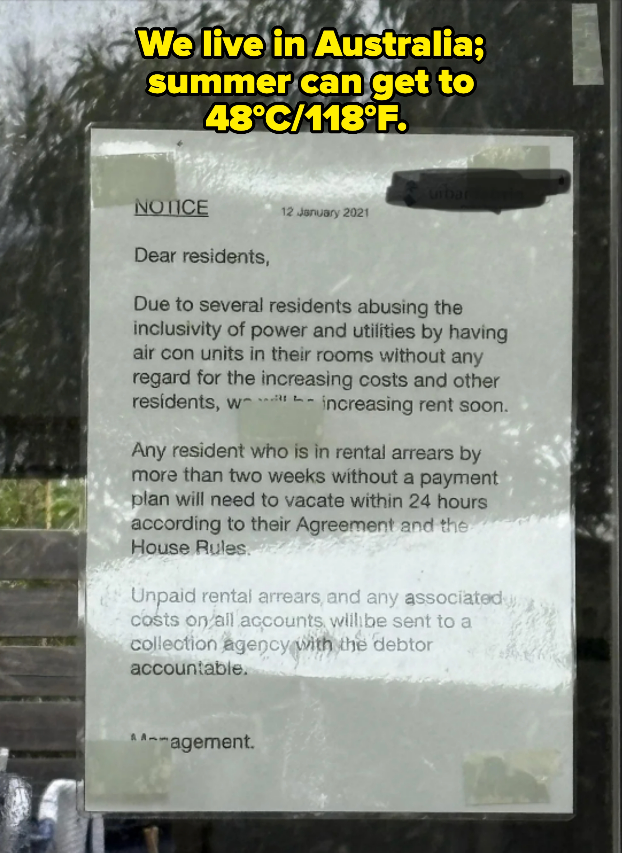 Notice to residents about increasing rent since people are "abusing the inclusivity of power and utilities" — caption notes this is in Australia and the summers can get up to 118 degrees Fahrenheit