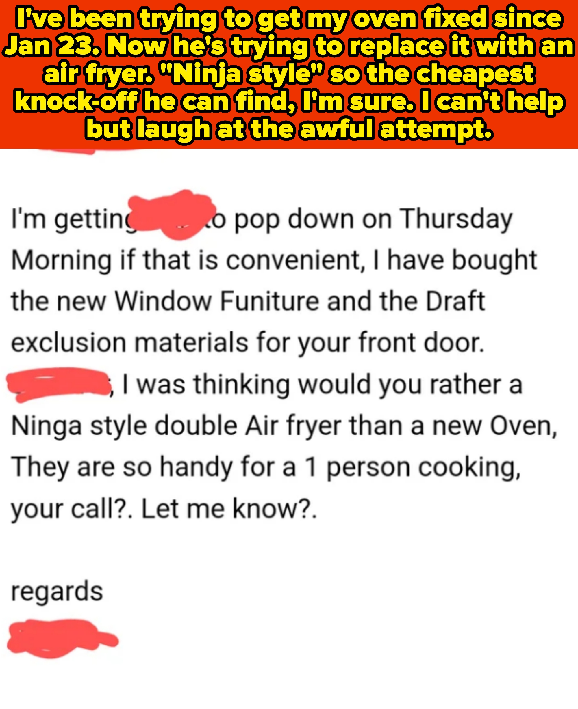 email from landlord suggesting the tenant might rather have an air fryer than a stove; caption notes the tenant has been trying to get their oven fixed since january