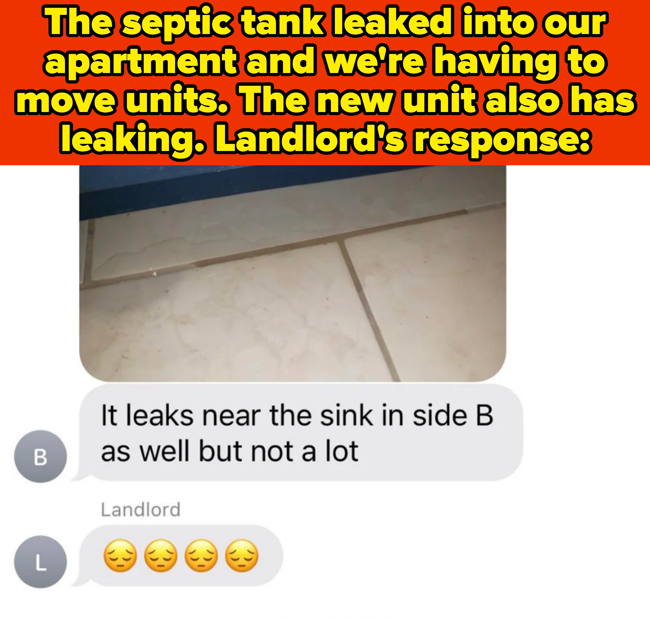 Text conversation about a leak in an apartment; landlord responds with sad emojis
