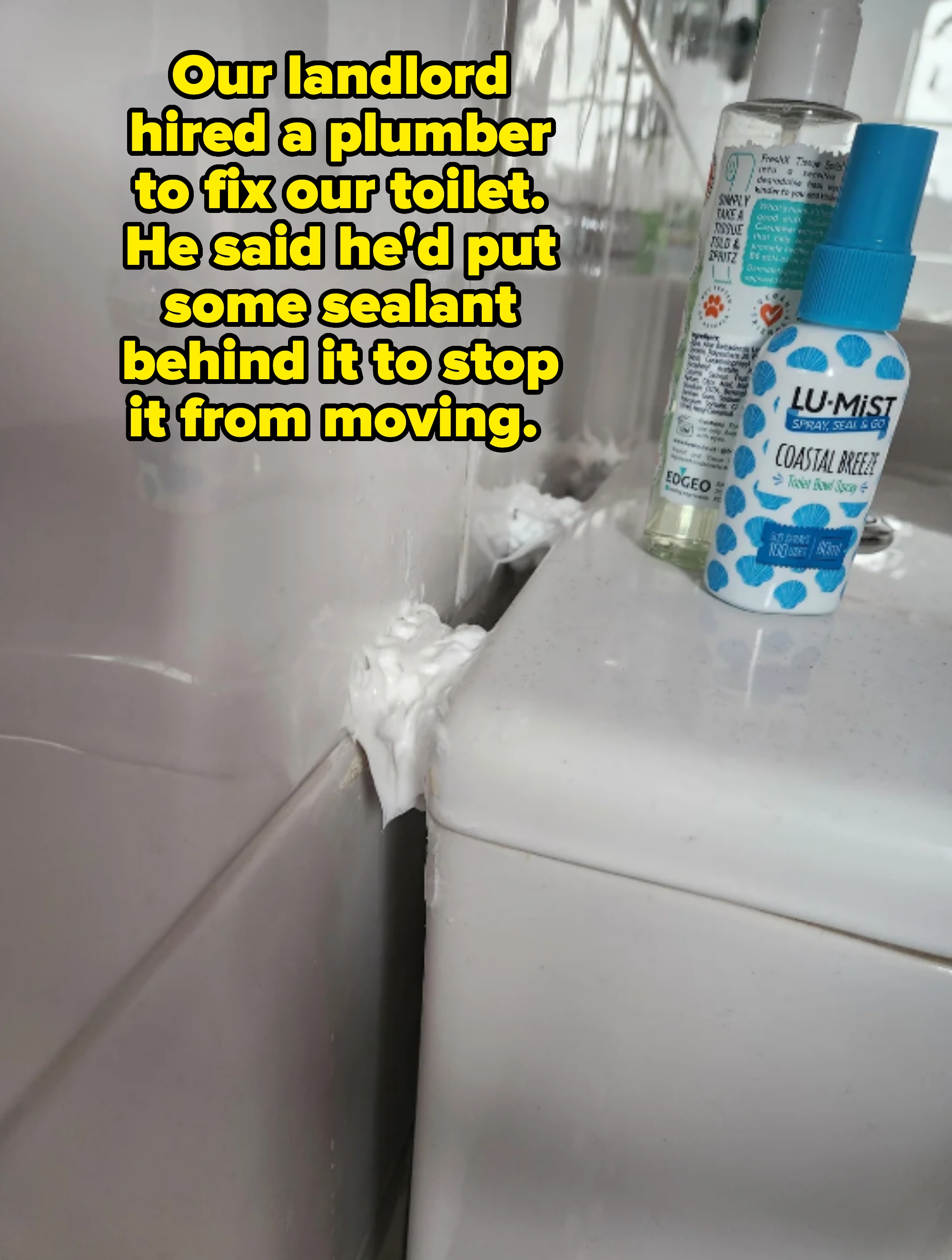 Messy sealant behind toilet tank captioned "Our landlord hired a plumber to fix our toilet. He said he'd put some sealant behind it to stop it from moving"