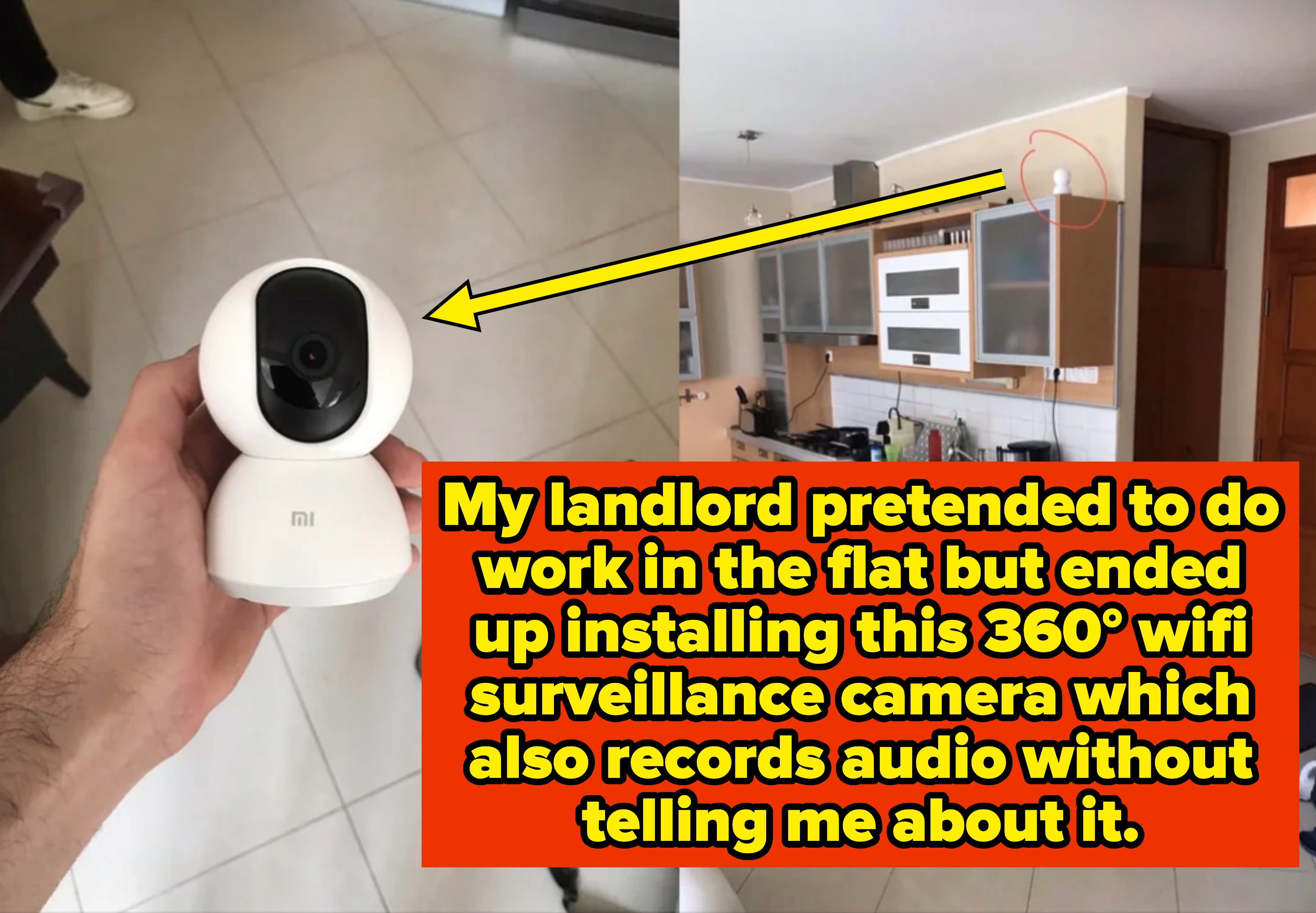 A person holds a small home security camera with caption about landlord secretly installing it