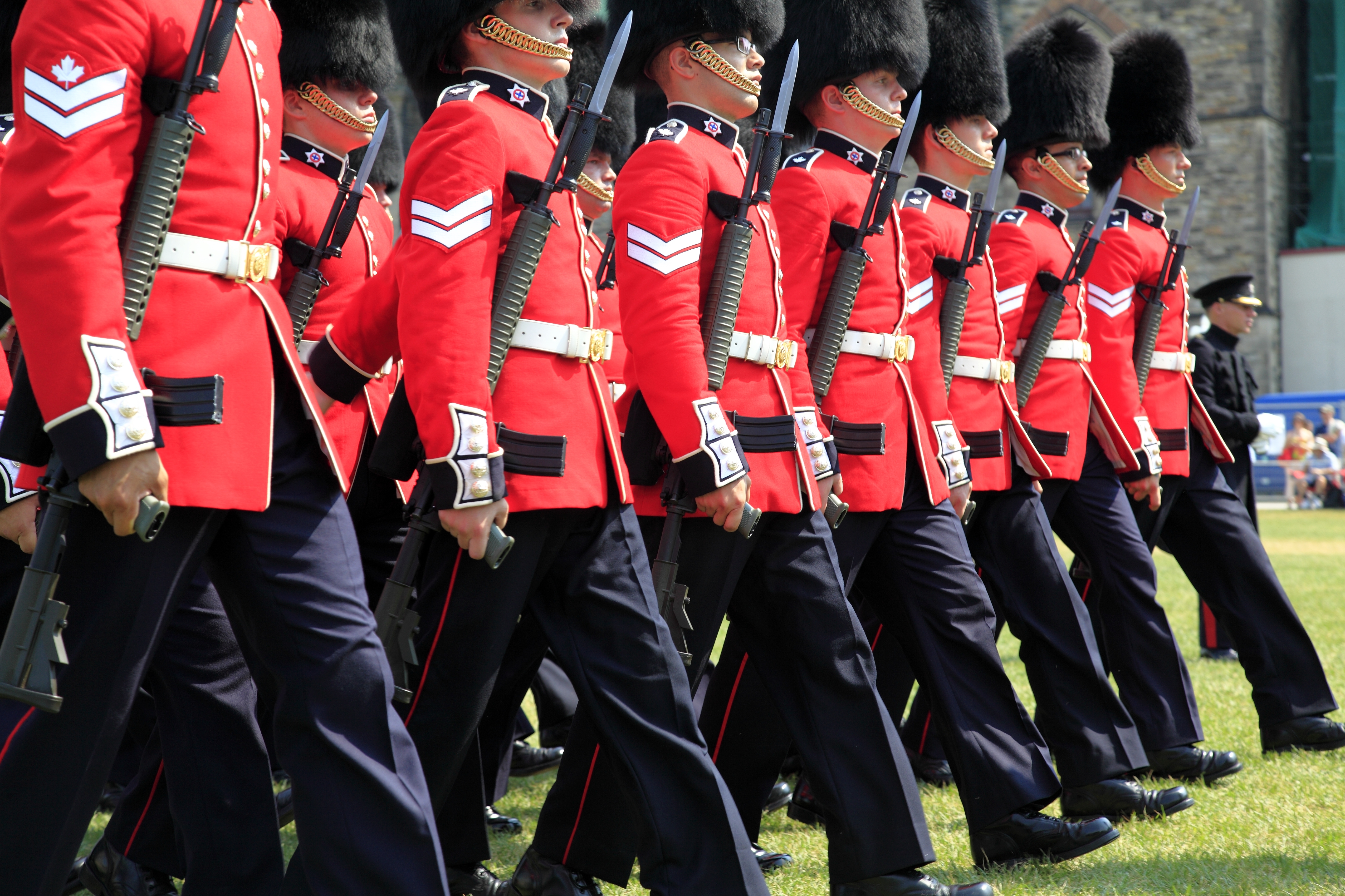 British guards in ceremonial uniforms and tall black hats march in formation on a grassy field during a formal event