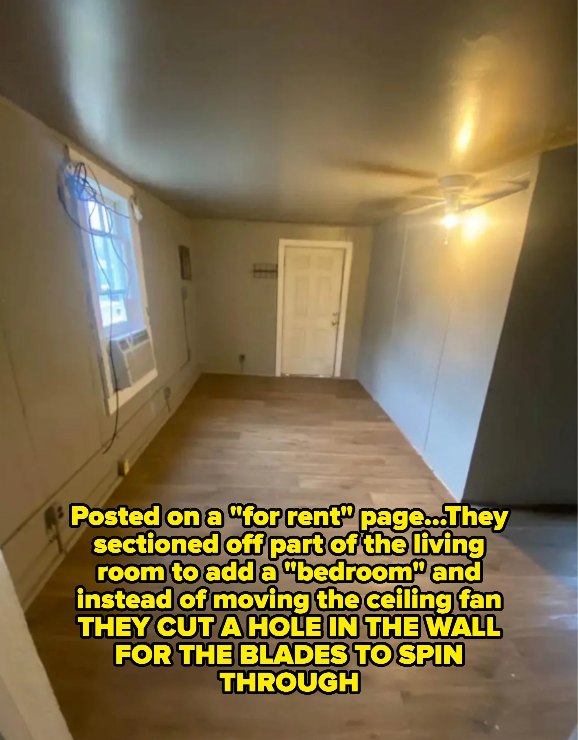 Empty room divided poorly with a hole in one of the room's walls for the ceiling fan