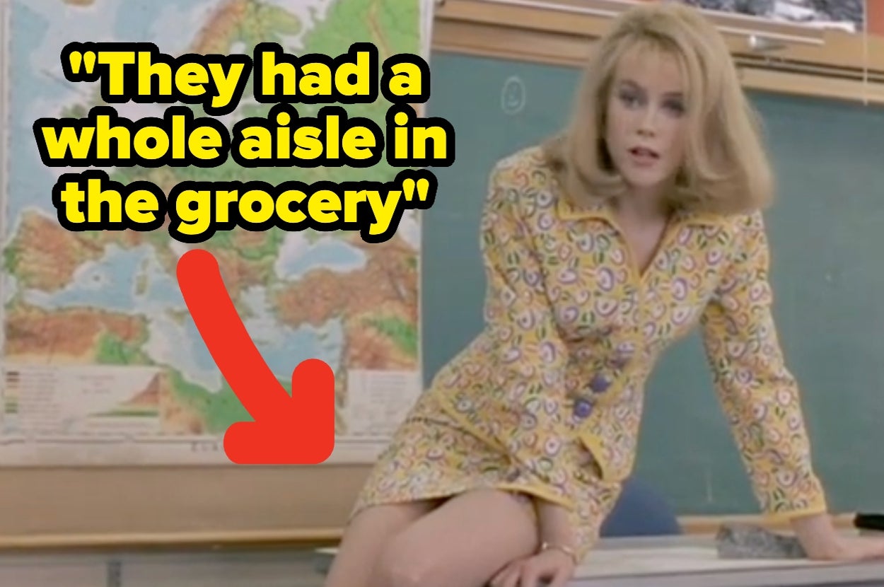 Person sitting on a desk in a patterned dress, next to large text: "They had a whole aisle in the grocery."