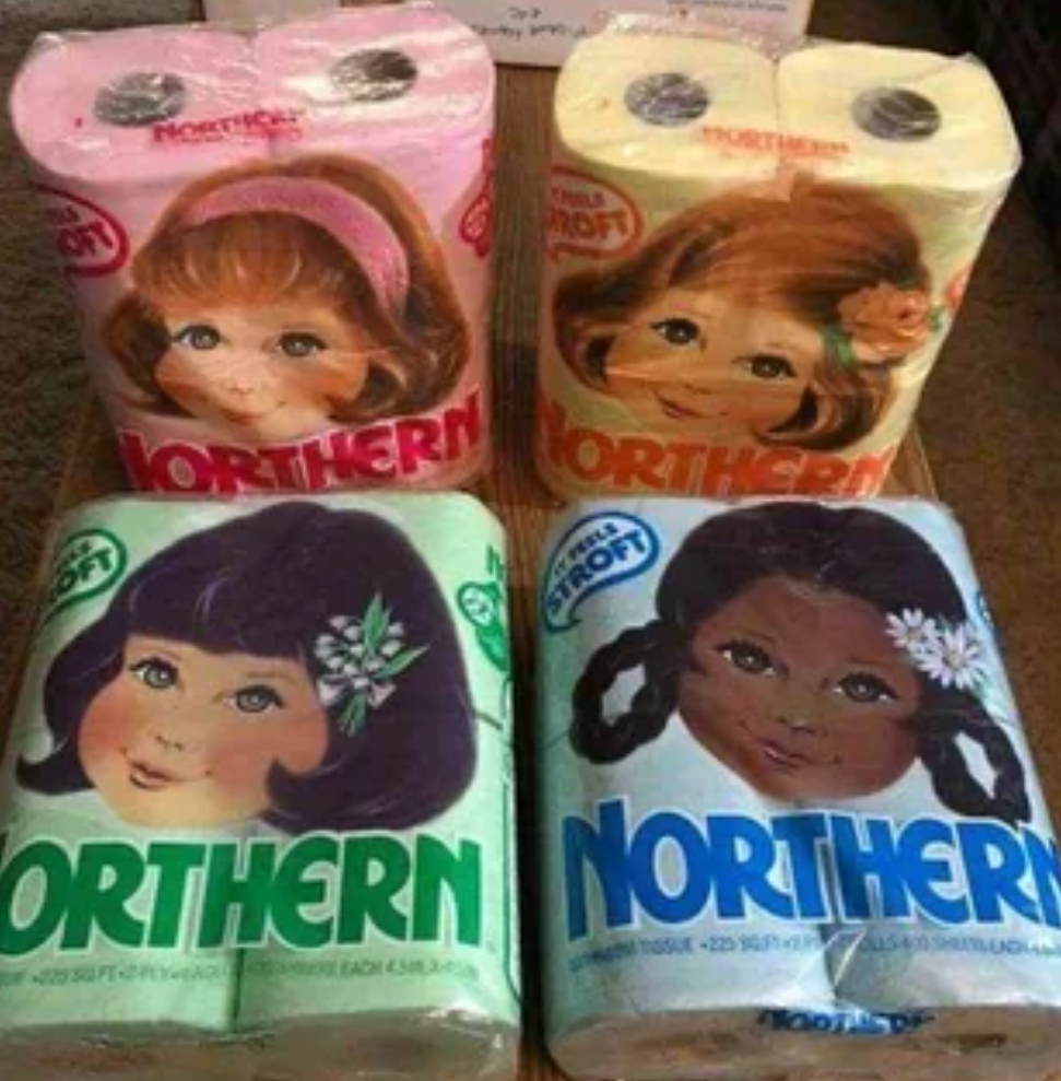 Screenshot of a Reddit post featuring vintage packs of Northern colored toilet paper with images of women on the packaging