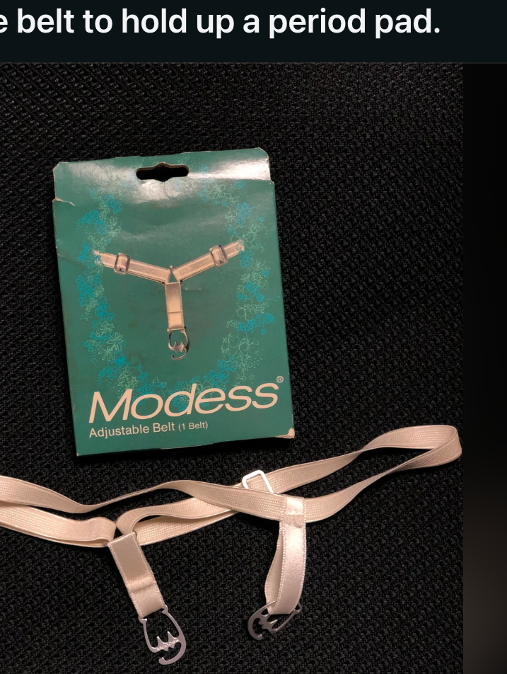 Screenshot of a Reddit post in r/specializedtools showing an old school adjustable belt for holding up a period pad, named "Modess."
