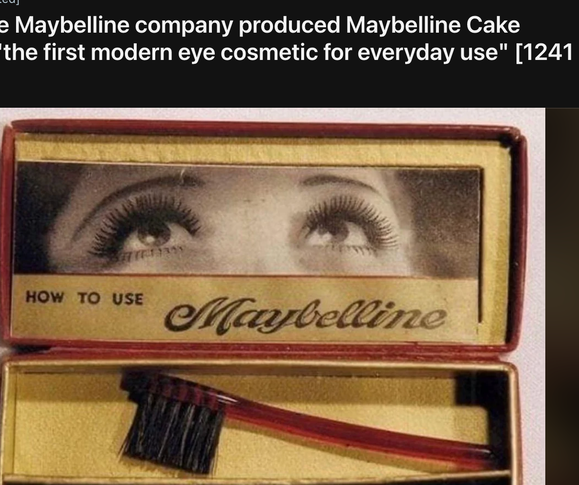 Maybelline mascara ad from 1917 shows eye illustration and includes a brush and product packaging. Described as the first modern eye cosmetic