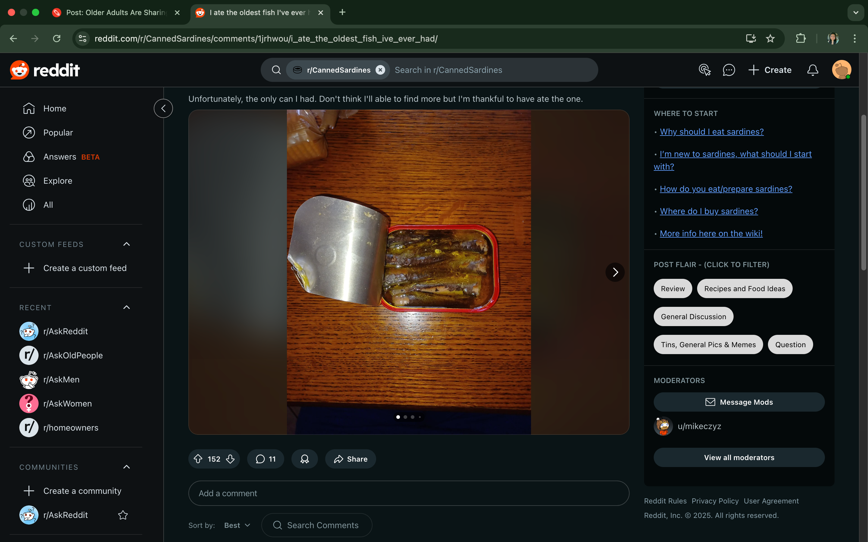 Screenshot of a Reddit post showing a can of sardines. The post discusses the feeling of opening the oldest can ever had