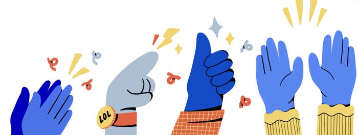 Illustrated hands: clapping, pointing with &quot;LOL&quot; wristband, thumbs-up, and raised in celebration