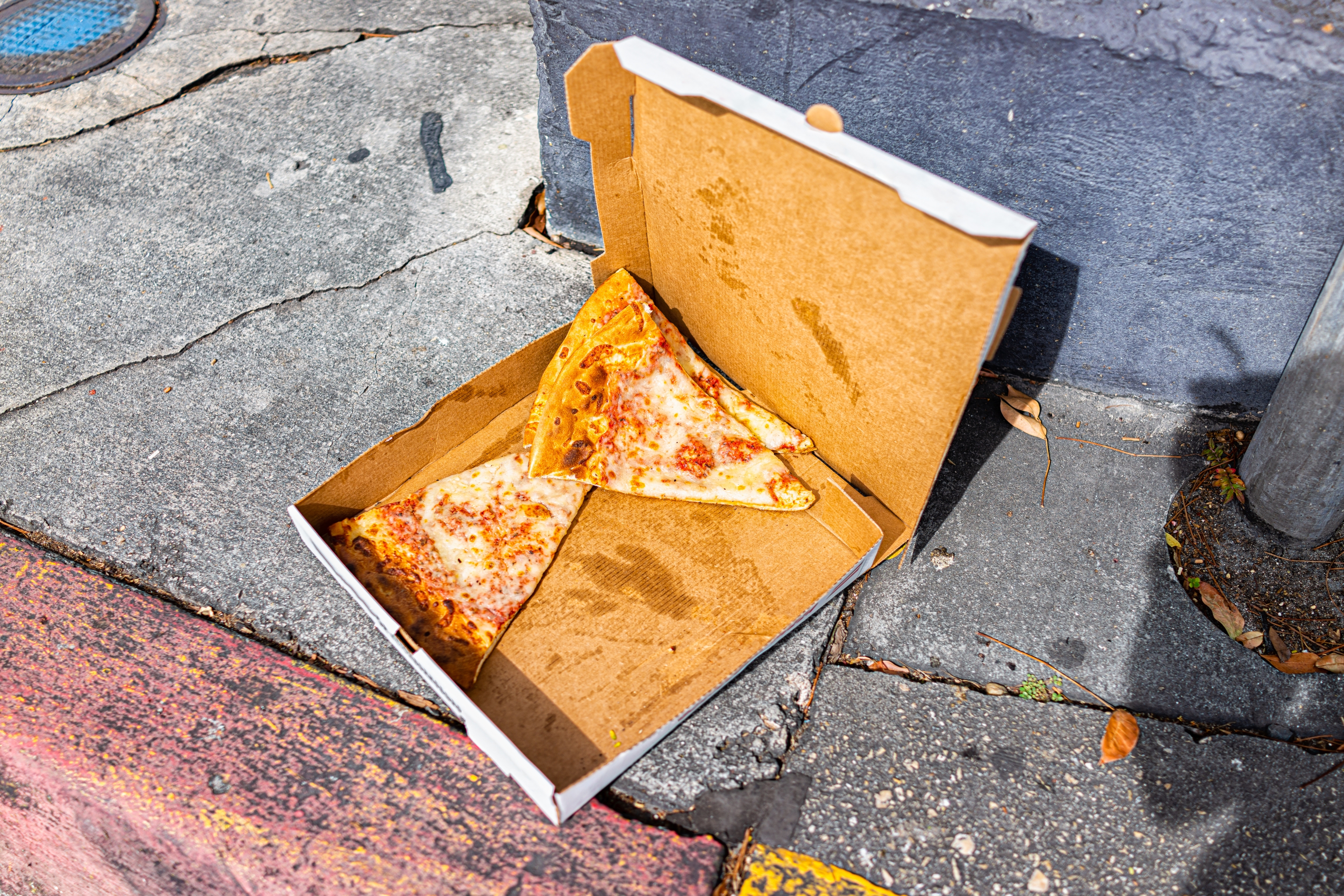 Two slices of pizza in a partially open box on a sidewalk, placed on the ground beside a street curb