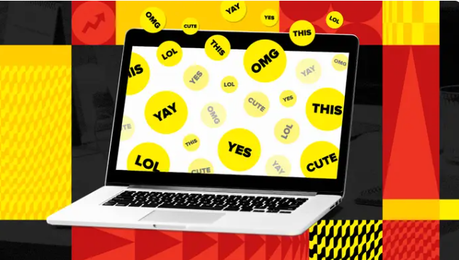 Laptop screen with yellow circles displaying words like "OMG," "LOL," "YAY," "YES," and "CUTE" on abstract background
