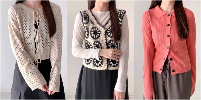 3種類の異なるスタイルのニットトップスを着た女性、カジュアルでおしゃれな秋ファッション。