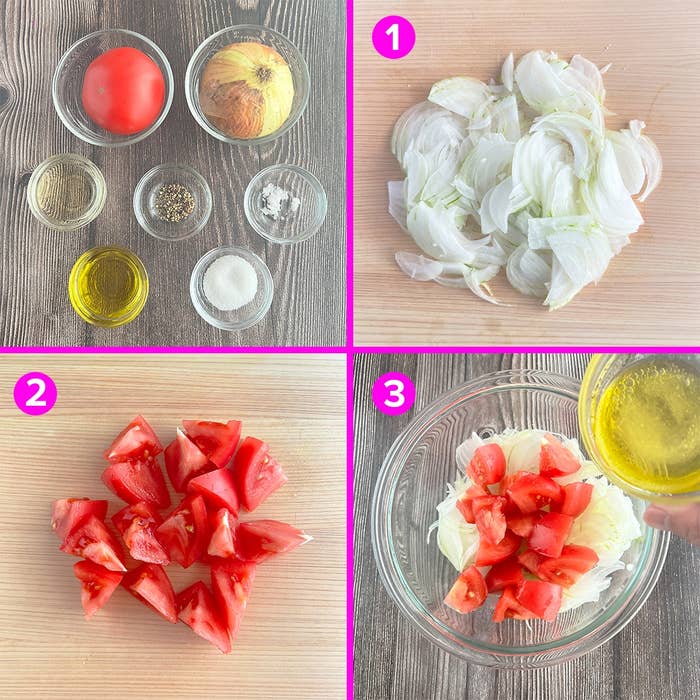 分かれた材料：トマト、玉ねぎ、オリーブオイル、砂糖、塩、コショウ。順に切って混ぜ、オイルを加えるまでの過程。