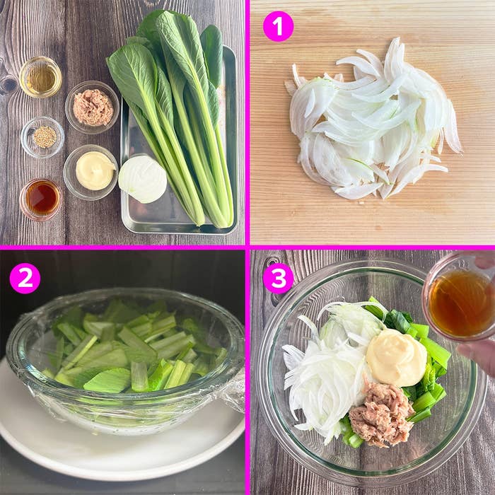 調理ステップ: 1) 玉ねぎスライス。2) 青菜と玉ねぎをラップ。3) ツナ、マヨネーズ、ドレッシングを追加。