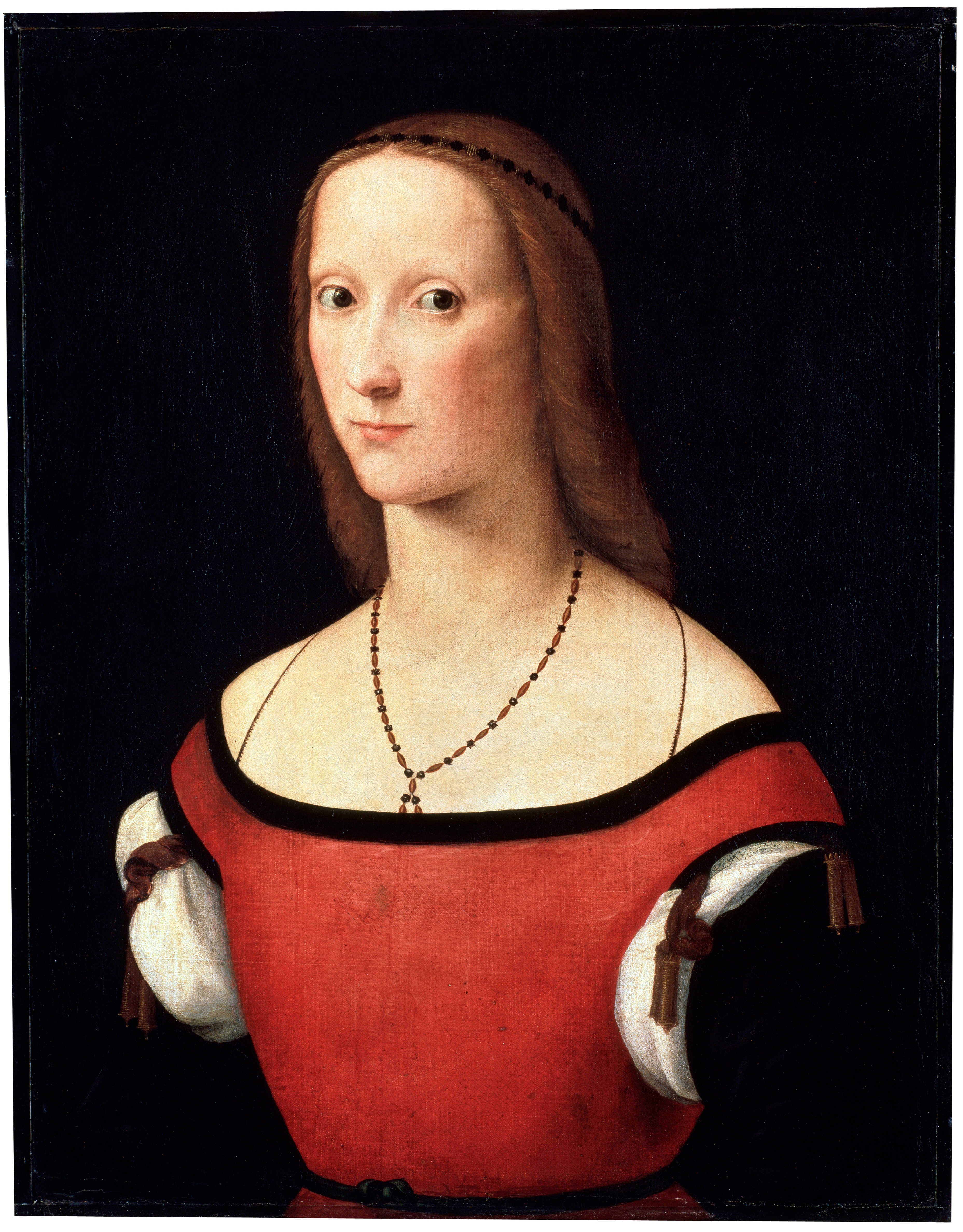 A classical portrait of a woman with a serene expression, wearing a Renaissance-style gown with a delicate beaded necklace