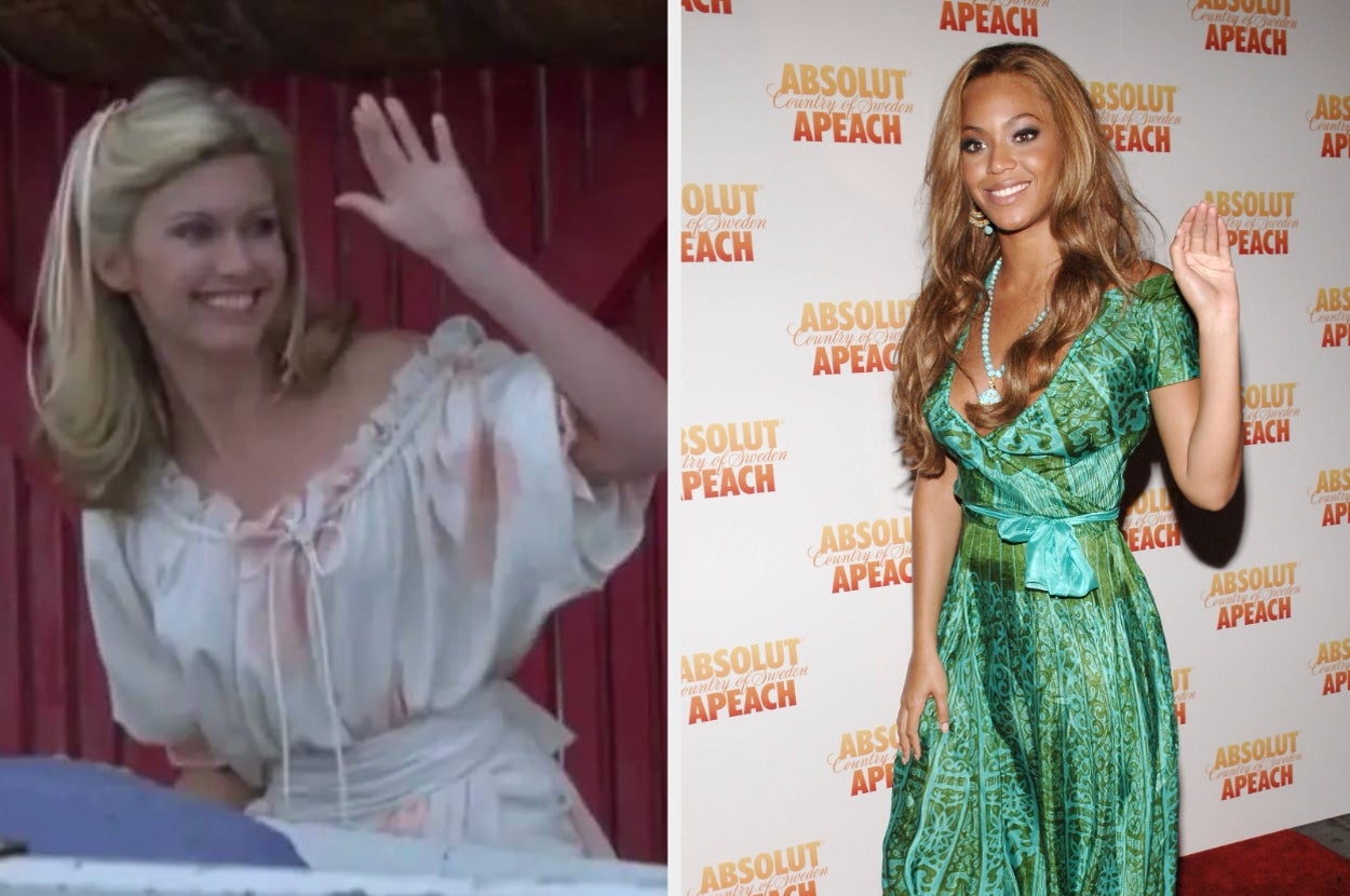 Two women wave, one in a casual off-shoulder top and the other in a glamorous green gown on the red carpet