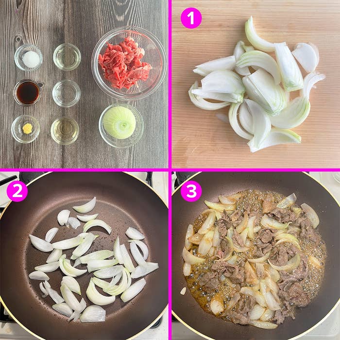 料理手順の説明画像。材料の準備、玉ねぎを切る、フライパンで玉ねぎと牛肉を炒める工程が示されています。