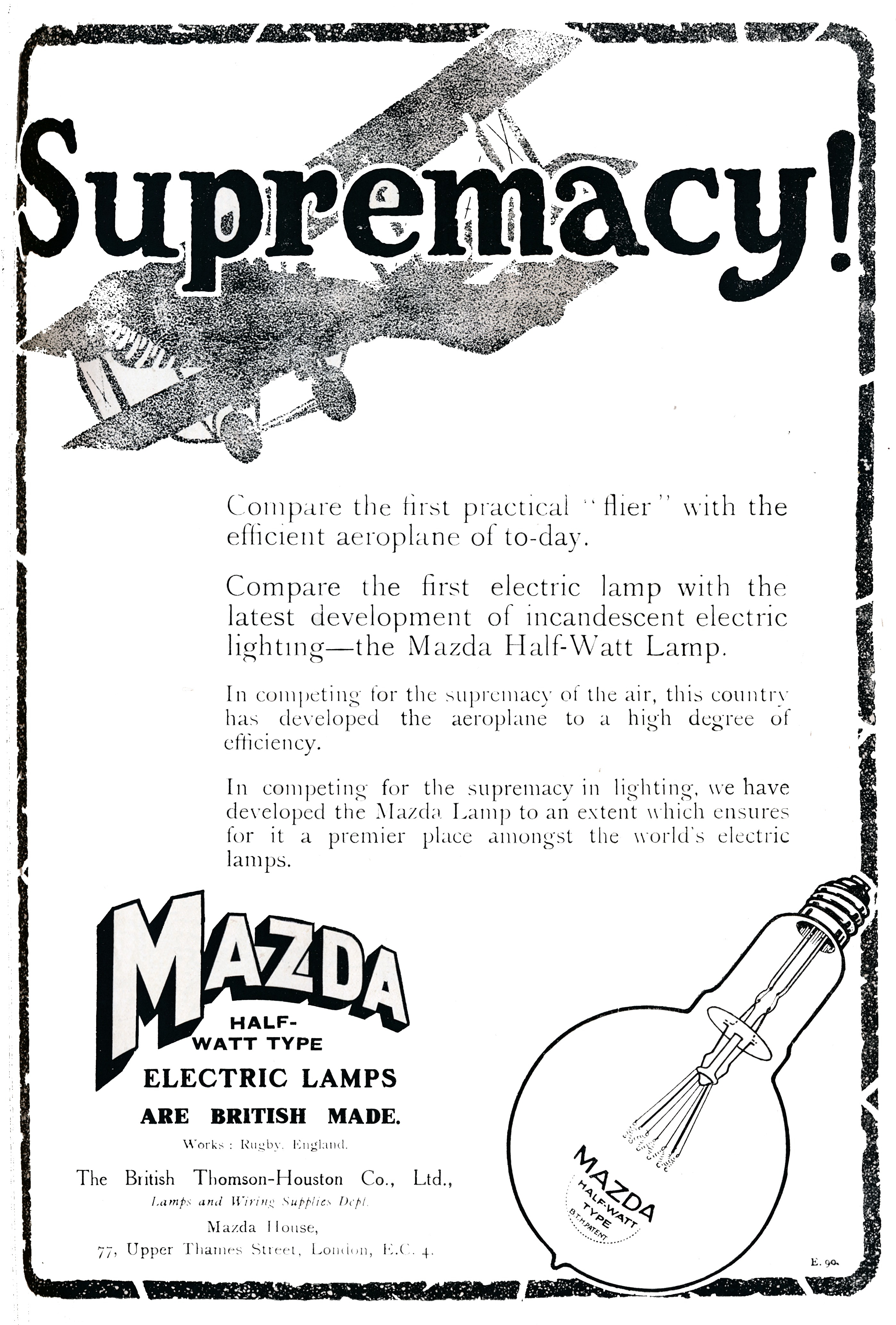 1919年、イギリス製のMAZDAブランドの電球の広告 (Photo by The Print Collector / Getty Images)