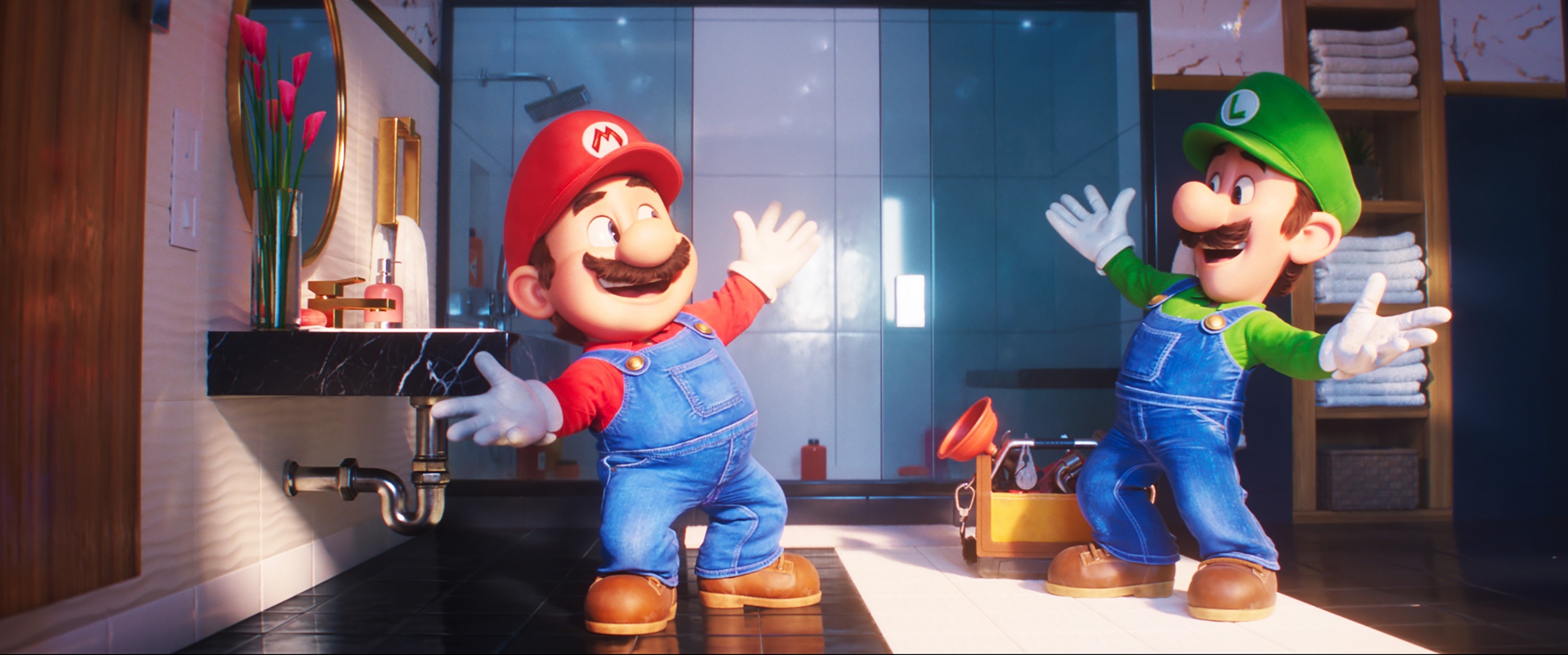 Mario and Luigi animated scene in a bathroom, both characters joyfully gesturing with open arms, surrounded by plumbing tools
