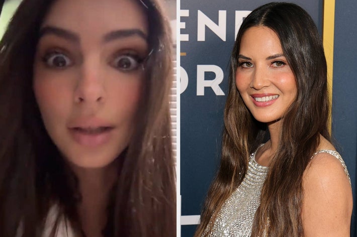 Two women side by side. The left is surprised, while the right smiles wearing a sleeveless, sequin dress at an event
