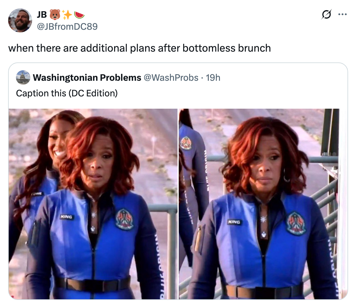 Two side-by-side images of a person in an astronaut-themed outfit, looking concerned or tired, with a humorous caption suggesting exhaustion