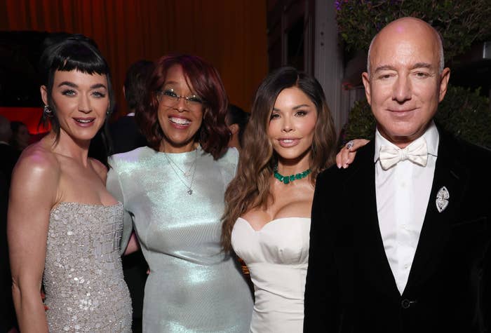 Katy Perry, Gayle King, Lauren Sánchez, and Jeff Bezos at an event