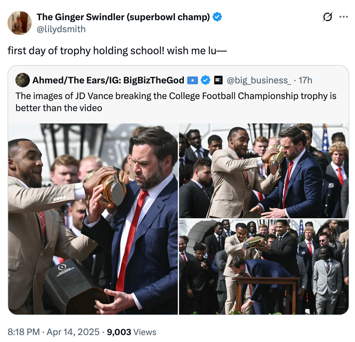 Tweet with images: A man pretends to twist and bite a trophy with humorous text about attending "trophy holding school."