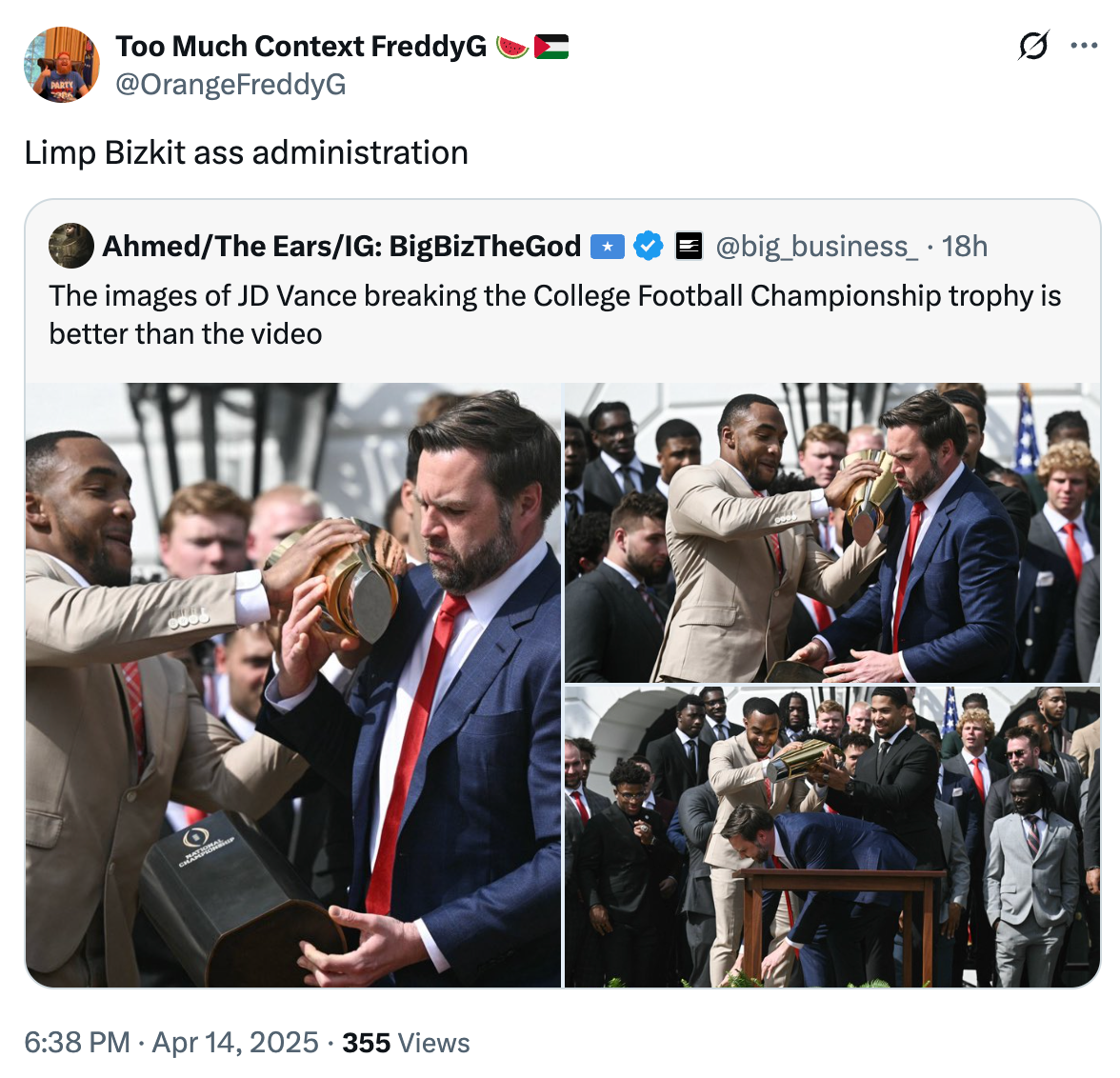 Tweet comparing an image of JD Vance with a broken trophy to the experience of a "Limp Bizkit ass administration" with multiple reaction photos