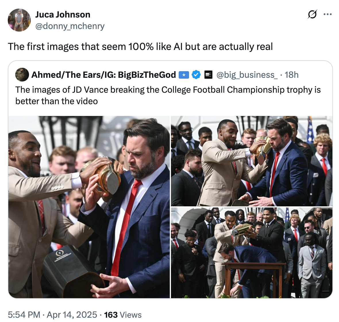 Collage of people in suits holding a broken trophy. Tweet text suggests the images appear AI-generated but are real