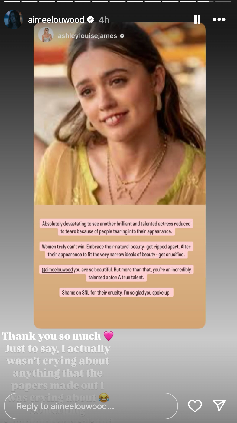 Screenshot of an Instagram story with text messages supporting someone's talent and natural beauty, and thanking them for speaking up on SNL