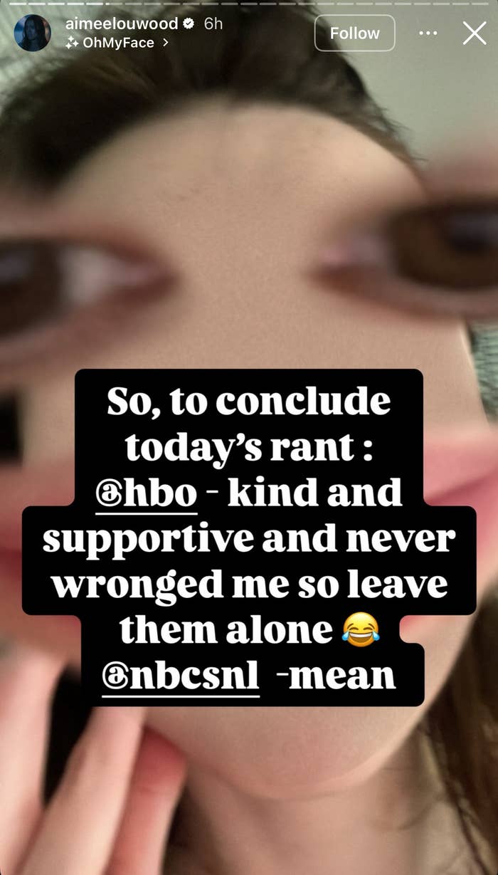 Blurry close-up of a face with overlaid text expressing positive sentiment towards HBO and negative sentiment towards NBC's SNL