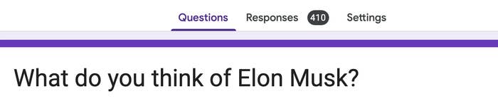 A webpage with a question asking, "What do you think of Elon Musk?" There are 410 responses available