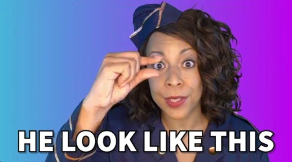 Woman mimics pinching small object; text reads "HE LOOK LIKE THIS." Mocking tone in article tied to Work & Money theme