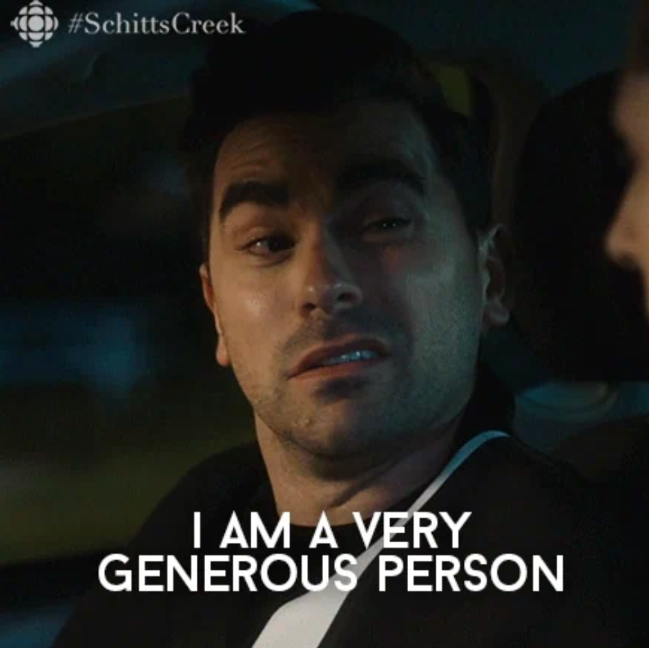 Person in a TV scene with text: "I am a very generous person."