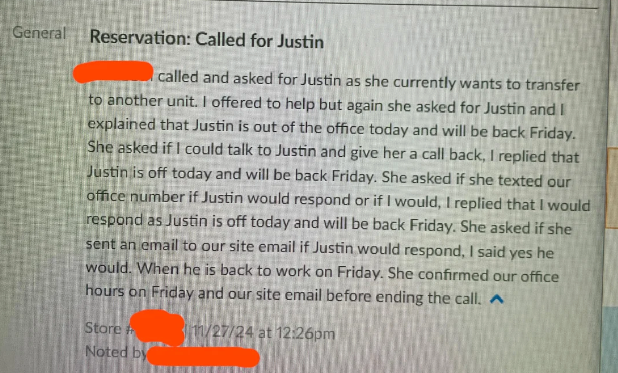 Summary of text: Someone called asking for Justin to transfer an account. Justin is away until Friday, and the caller confirmed office hours and plans to email