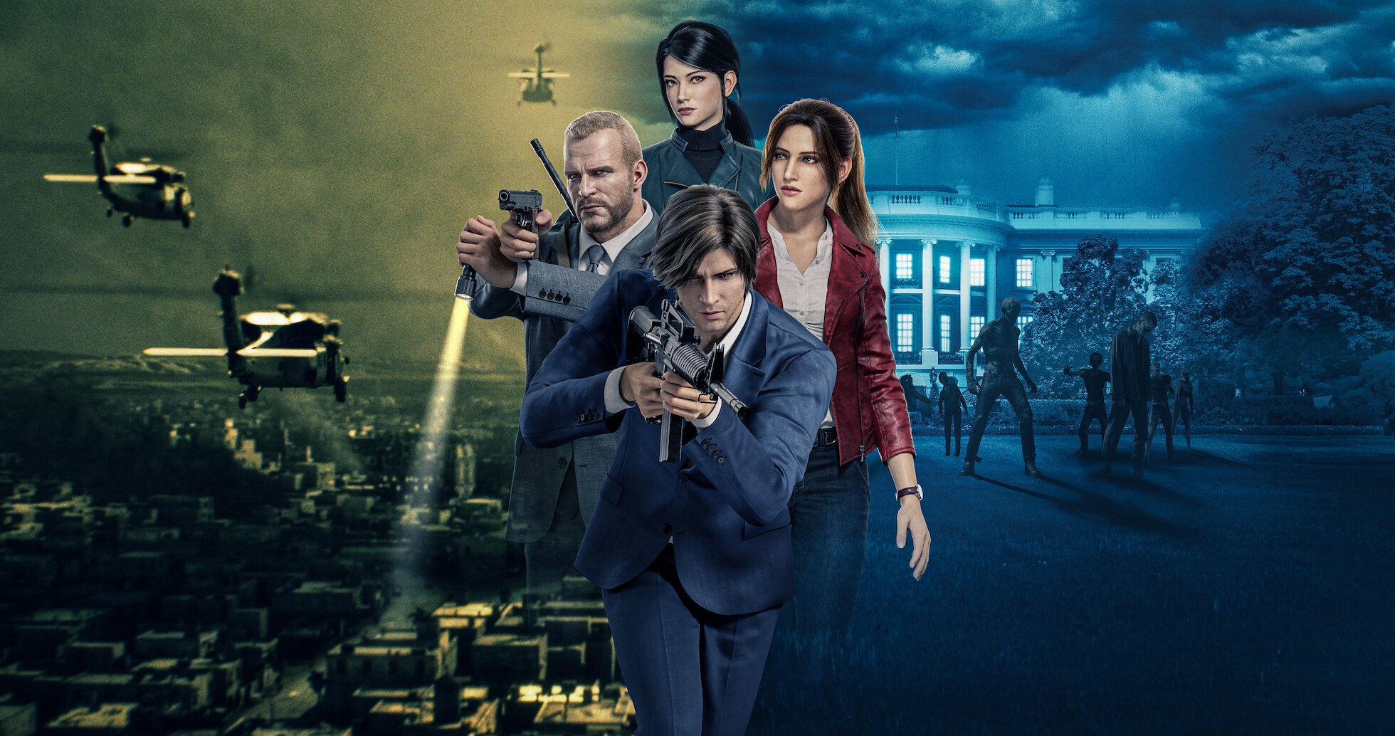 Four characters with weapons walk toward the viewer; helicopters and a cityscape in the background suggest an action-packed scenario