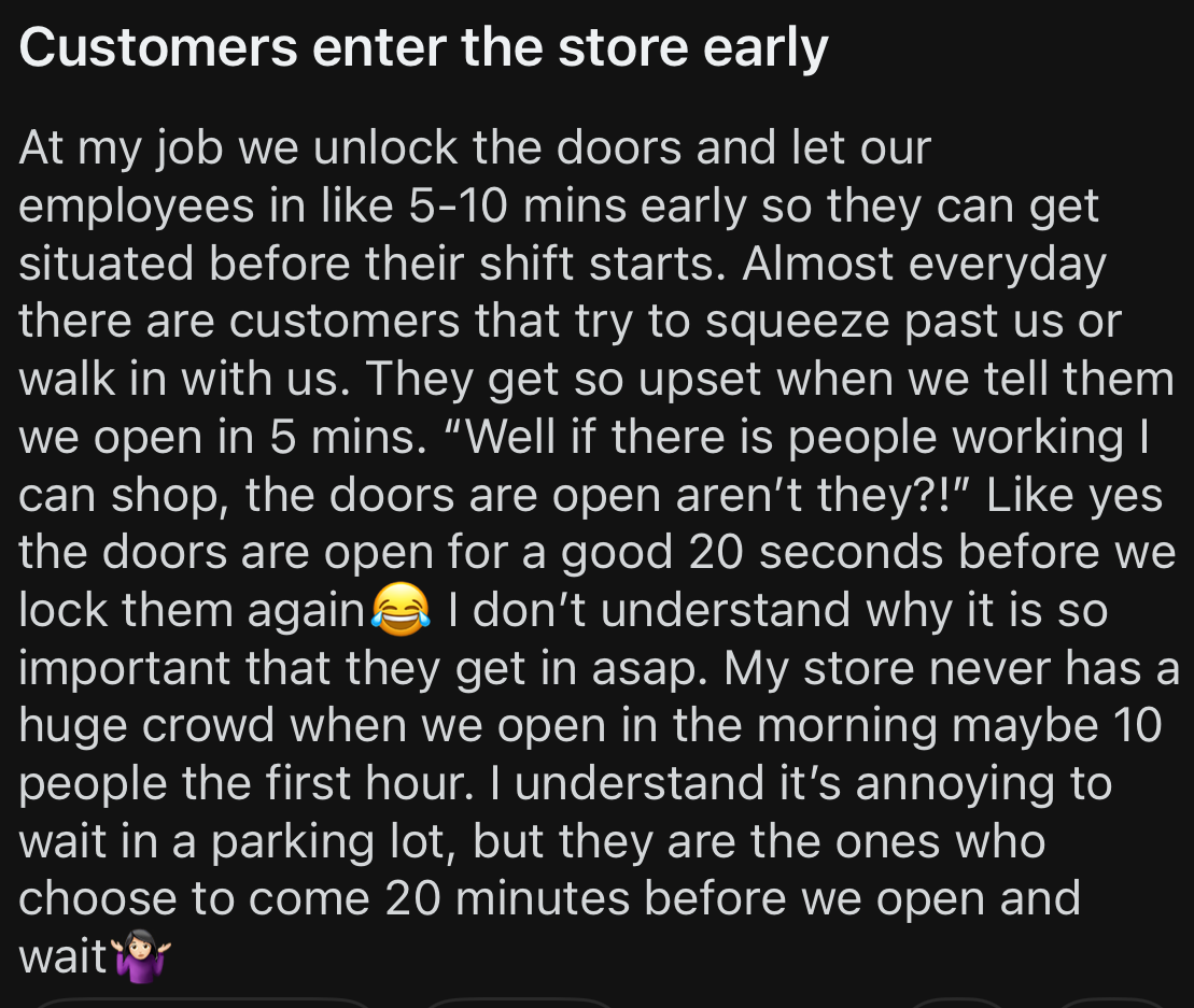 A Reddit post discussing customer frustration with people entering a store before it opens, leading to tension for both staff and early customers