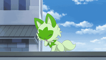 Animated green fox-like creature playfully grooming itself on a rooftop with a blue sky background