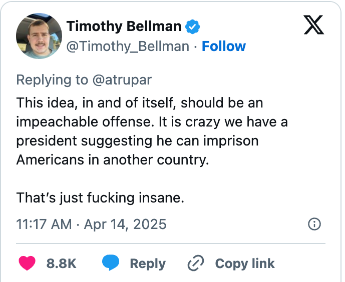 Tweet by user criticizing a president's suggestion to imprison Americans abroad, calling it "insane."