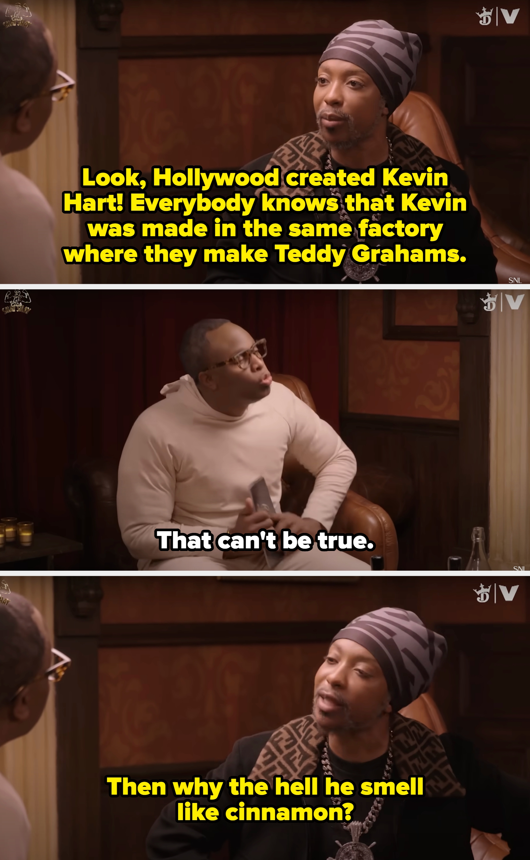 Ego claims that Kevin Hart was made in the same factory as Teddy Grahams, adding that he smells like cinnamon when questioned