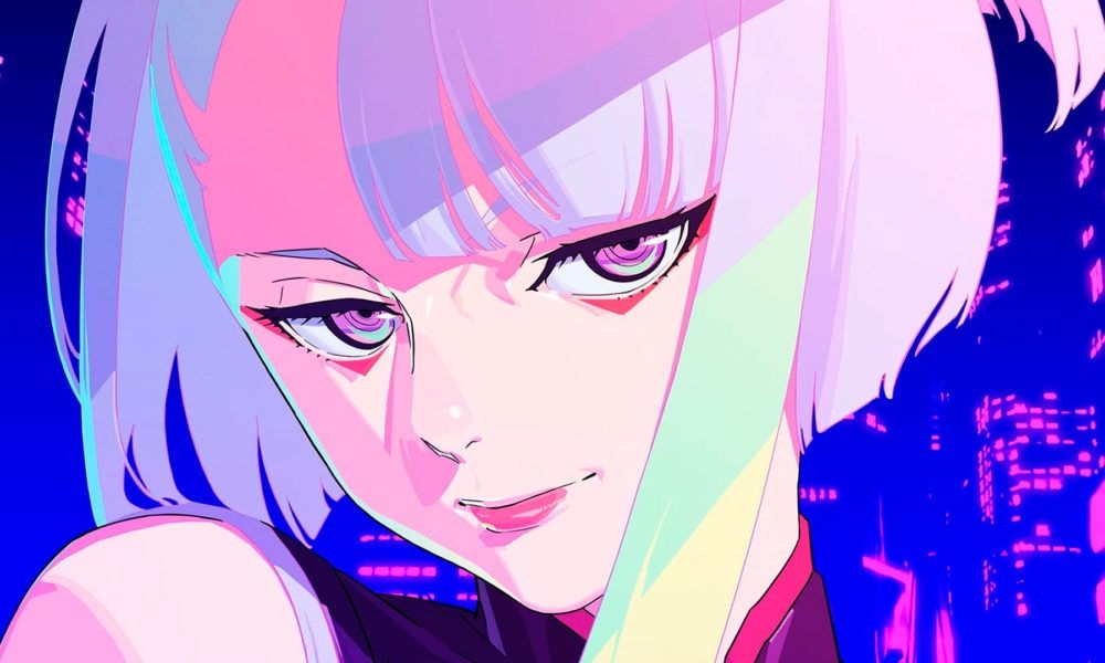 Anime character with short hair and sharp eyes against a cityscape background, smiling slightly