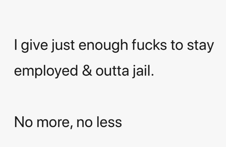 Text reads: "I give just enough fucks to stay employed & outta jail. No more, no less."