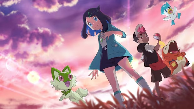 Anime characters with Pokémon in an adventure scene; a person in a jacket, shorts, and sneakers stands with two companions and stylized creatures