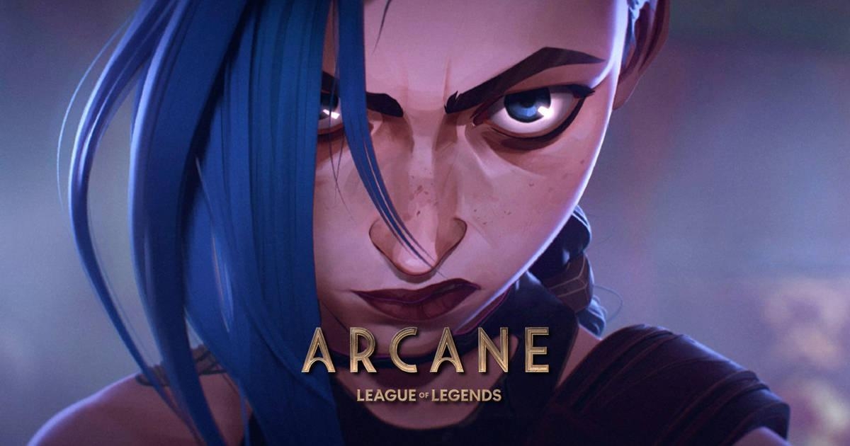 Animated character with blue hair from Arcane: League of Legends shows a determined expression. Text reads &quot;Arcane League of Legends.&quot;