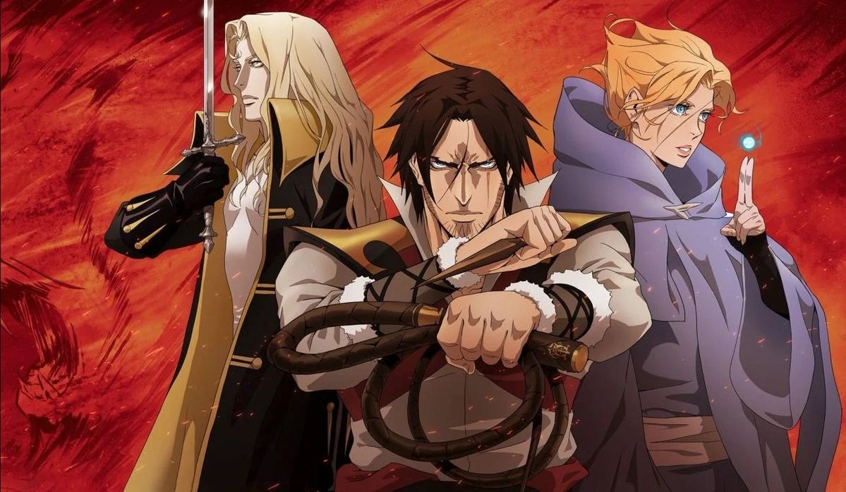 Three animated characters pose confidently; one holds a sword, another wields a whip, and a third has a glowing hand. Background suggests action or drama